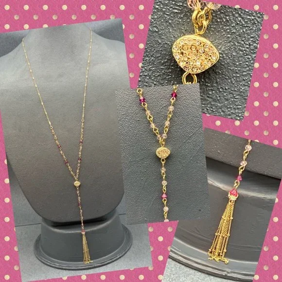 Jewelry Long Y Drop Necklace Gold Chain Fringe Pink Rhinestone